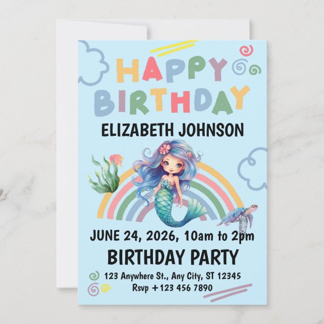 Convites Blue Mermaid Birthday Party Invitation in Blue (Frente)