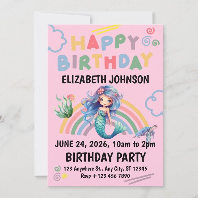 Convites Blue Mermaid Birthday Party Invitation in Pink (Frente)