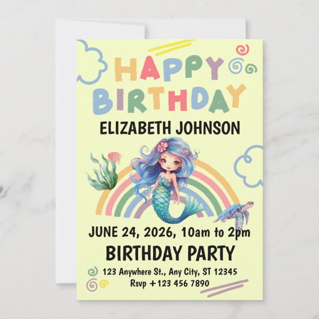 Convites Blue Mermaid Birthday Party Invitation in Yellow (Frente)