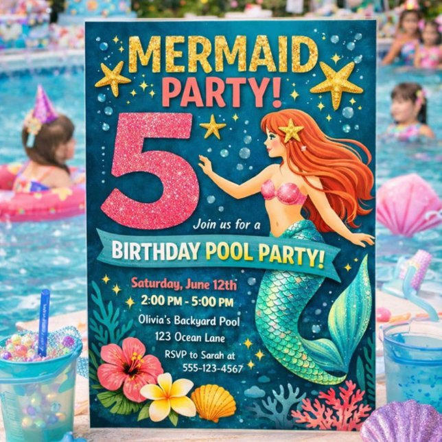 Convites Blue Mermaid Fifth Birthday Invitation (Criador carregado)