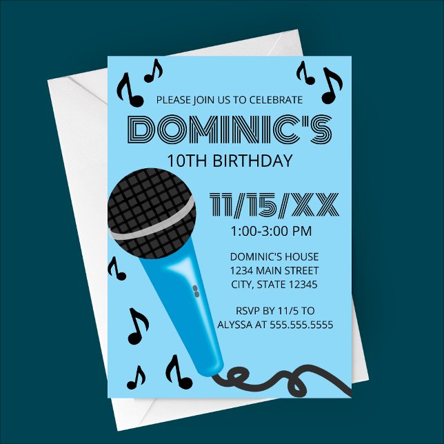 Convites Blue Microphone Kids Birthday (Blue Microphone Karaoke Birthday Party Invitation)