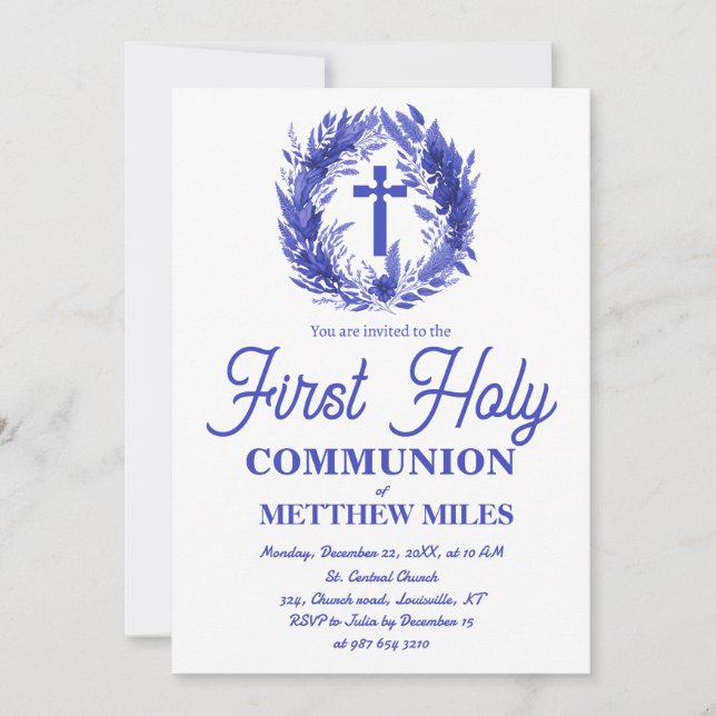 Convites Blue Minimalist floral first católica communion (Frente)