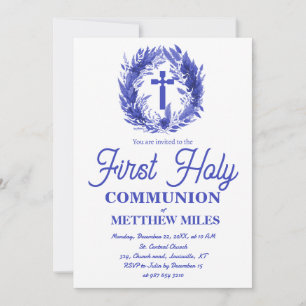 Convites Blue Minimalist floral first católica communion