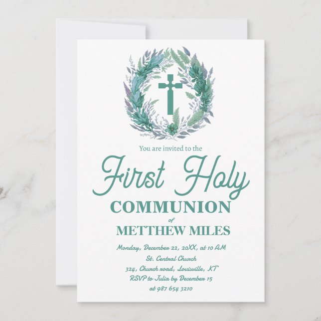 Convites Blue Minimalist floral first católica communion (Frente)