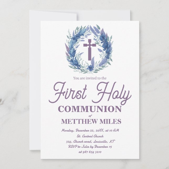 Convites Blue Minimalist floral first católica communion (Frente)