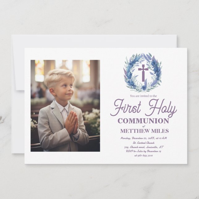 Convites Blue Minimalist floral first católica communion (Frente)