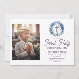 Convites Blue Minimalist floral first católica communion