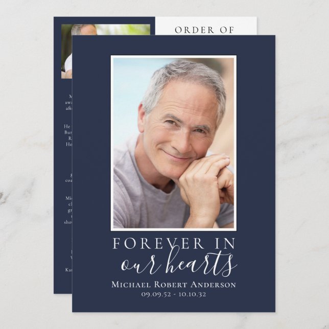 Convites Blue Minimalist Photo Memorial Service Program (Frente/Verso)