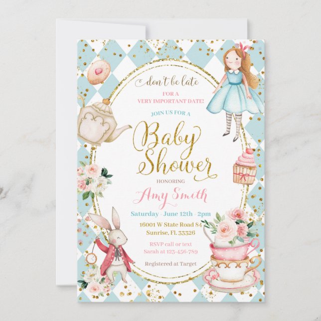 Convites Blue Mint Alice no País das Maravilhas (Frente)