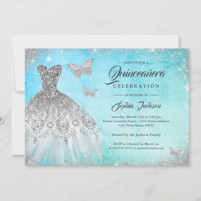 Convites Blue Mint Sparkle Butterfly Quinceanera Invi (Frente)