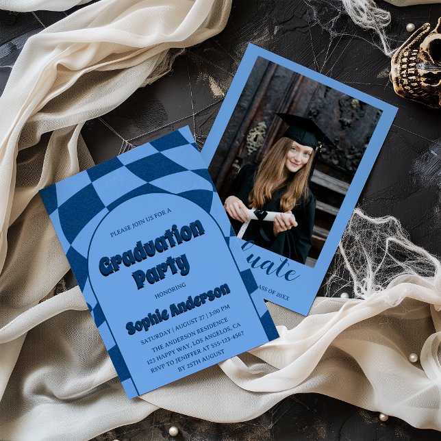 Convites Blue Modern Arch with Photo Graduation Party  (Criador carregado)