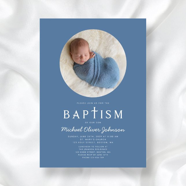 Convites Blue Modern Religião Fotografia Boy Baptism (Blue Modern Religious Cross Photo Boy Baptism Invitation)