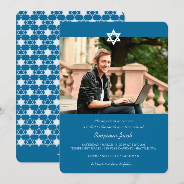 Convites Blue Modern Stars Of David Bar Mitzvah Photo (Frente/Verso)