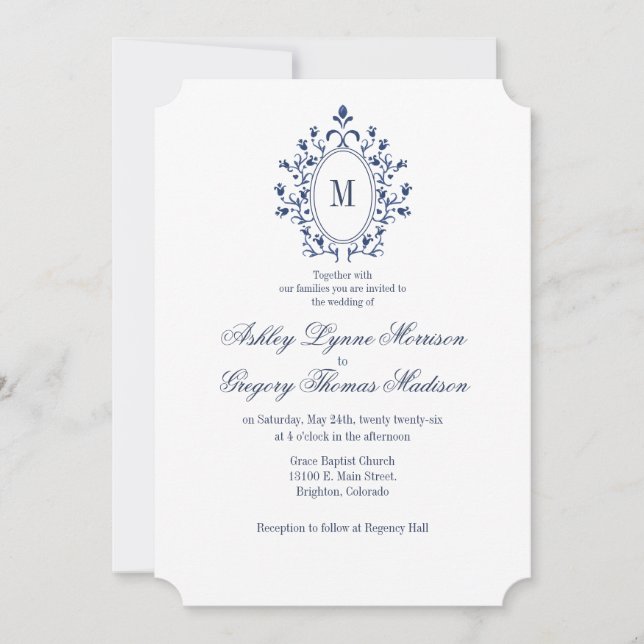 Convites BLUE Monogram Wedding Invitation (Frente)