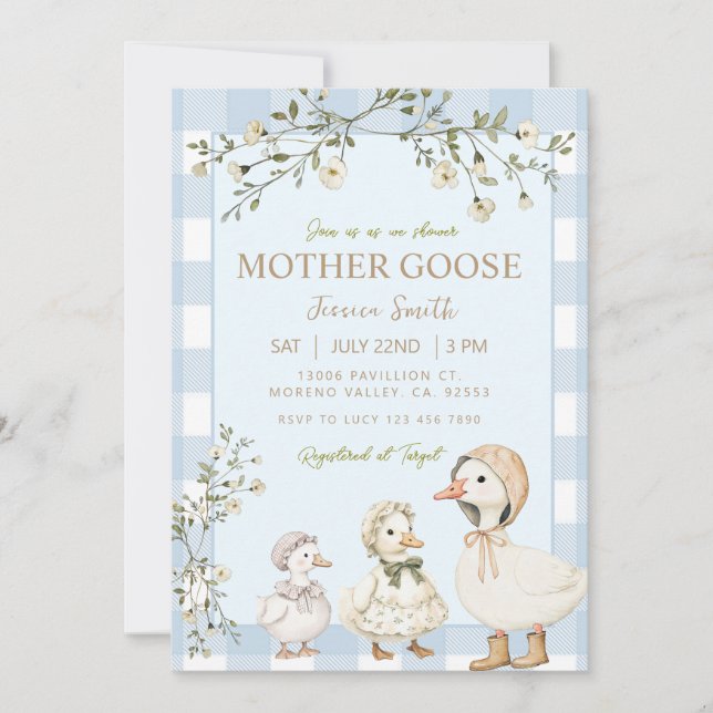 Convites Blue Mother Goose Baby Shower Gender Boy (Frente)