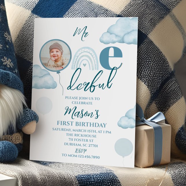 Convites Blue Mr ONE-derful Photo Birthday Invitation (Criador carregado)