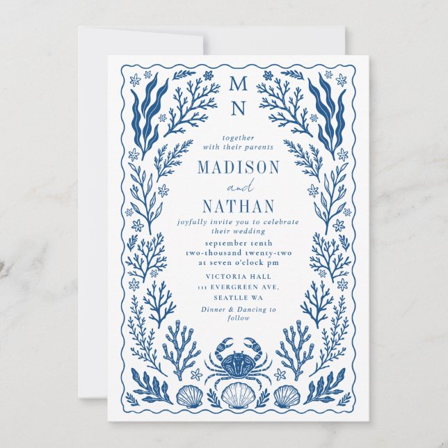 Convites Blue Nautical Crab Shell Ocean Beach Wedding (Frente)