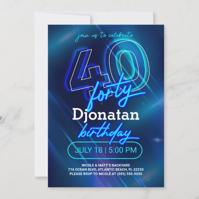 Convites Blue Neon 40th Birthday Party Invitation Card (Frente)