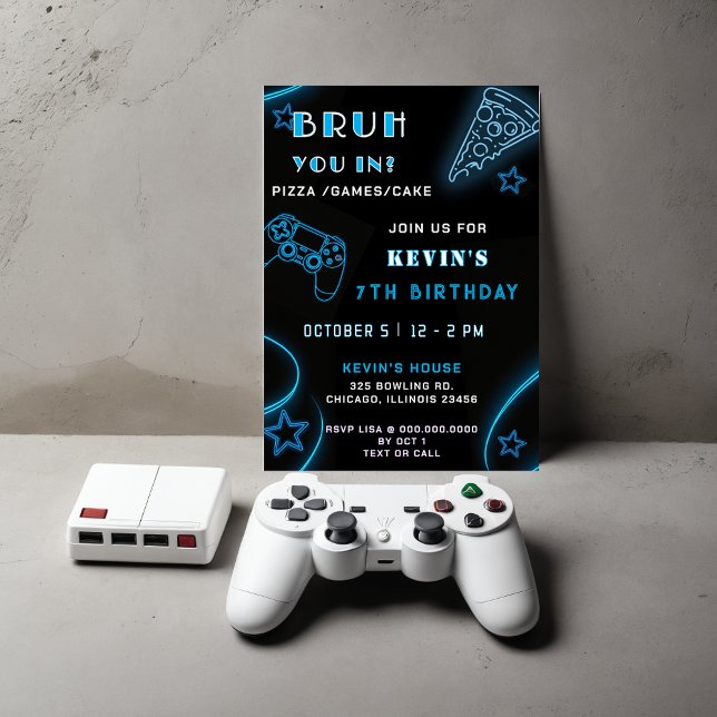 Convites Blue Neon Glow Pizza Games Bruto Aniversário (Blue Neon Glow Pizza Games Bruh Birthday Invitation)