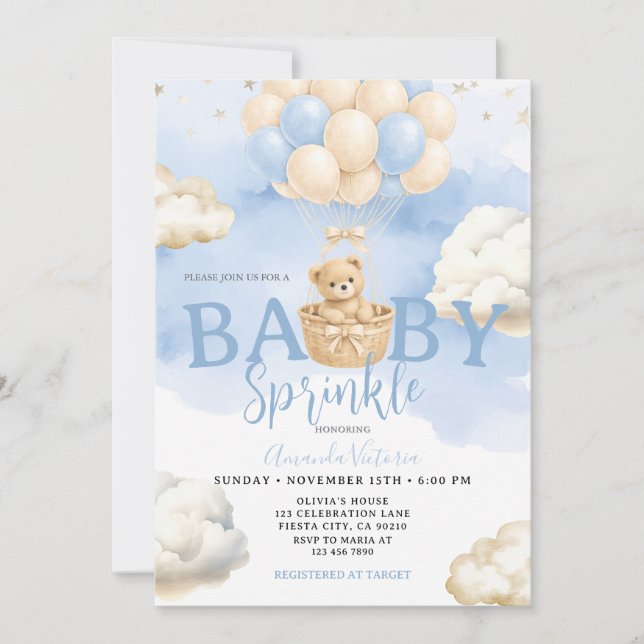 Convites Blue Neutral Bear Cloud Balloon Baby Shower (Frente)