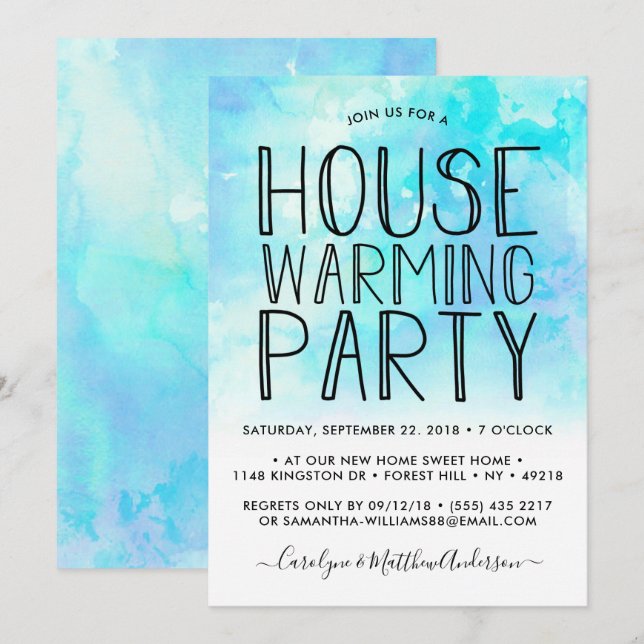 Convites Blue Ombre Watercolor Party (Frente/Verso)