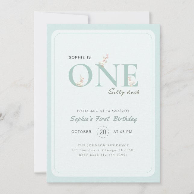 Convites Blue One Silly Duck Bow Baby First Birthday (Frente)