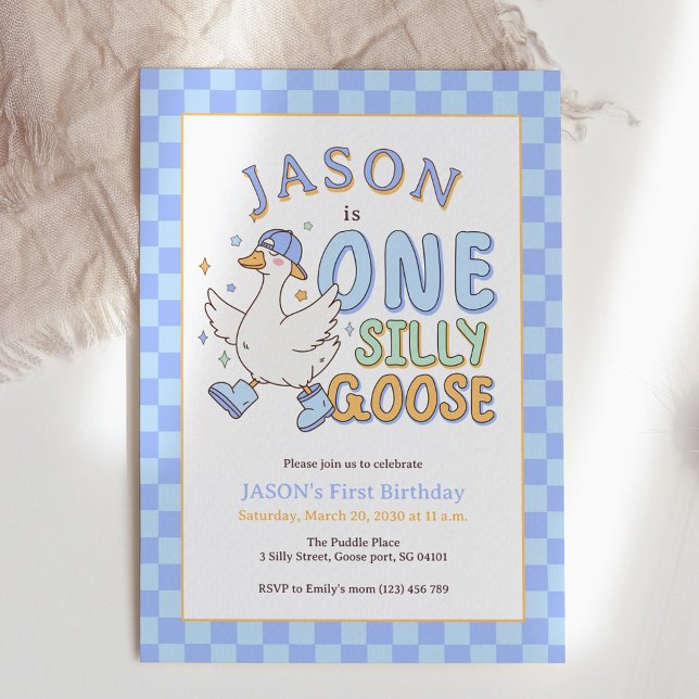 Convites Blue One Silly Goose - Retro Boy First Birthday (Blue One Silly Goose - Retro Boy First Birthday Invitation. Blue checkered style design.)