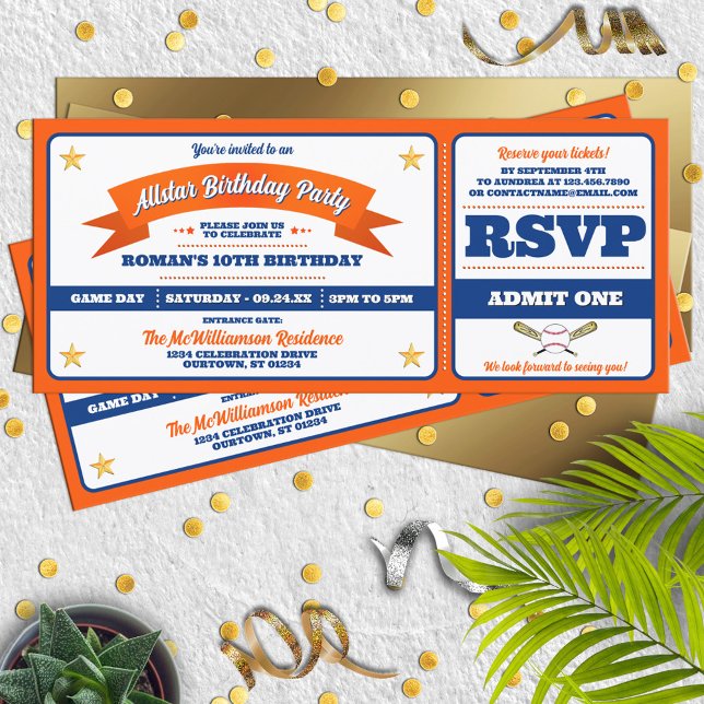 Convites Blue & Orange Baseball Allstar Ticket Birthday (Criador carregado)