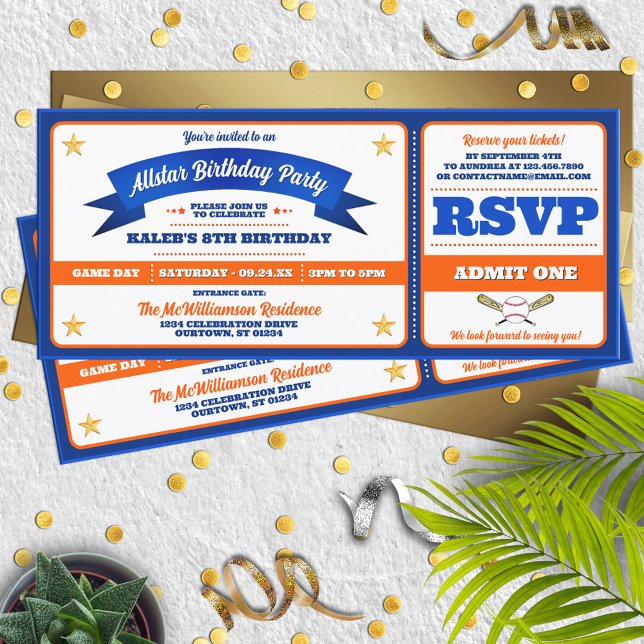 Convites Blue & Orange Baseball Allstar Ticket Birthday (Criador carregado)