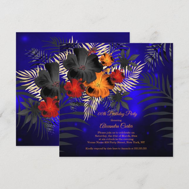 Convites Blue Orange Black Hibiscus Floral Birday (Frente/Verso)