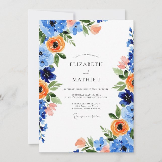 Convites Blue Orange Blooming Spring Wedding (Frente)