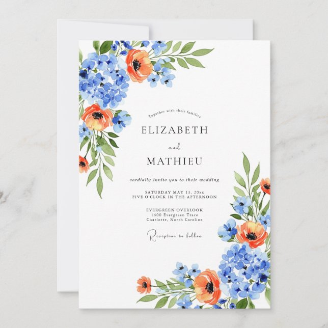 Convites Blue Orange Blossom Spring Wedding (Frente)