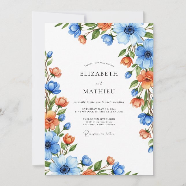 Convites Blue Orange Botanical Romance Wedding (Frente)