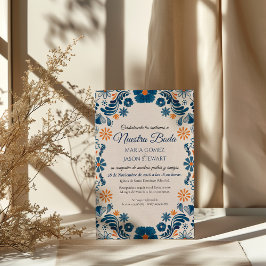 Convites Blue Orange Floral Elegant Fiesta Spanish Wedding