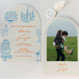 Convites Blue Orange Hand Drawn Whimsical Arched Wedding