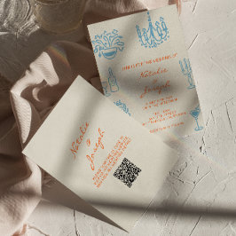 Convites Blue Orange Hand Drawn Whimsical QR Code Wedding
