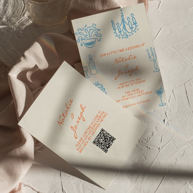 Convites Blue Orange Hand Drawn Whimsical QR Code Wedding (Criador carregado)