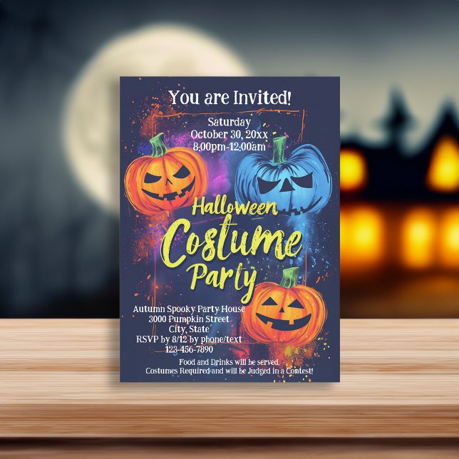 Convites Blue Orange Jack-O-Lanterna Festa de Figurino de H (orange blue pumpkin halloween costume party invitations)