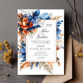 Convites Blue Orange Terracotta Floral Boho Elegant Wedding
