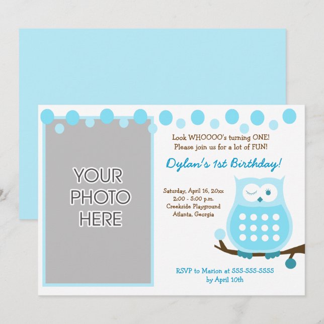 Convites Blue Owl Woodland Foto Aniversário (Frente/Verso)