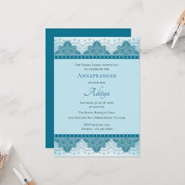 Convites Blue Paisley Annaprashan | Primeiro Arroz (Frente/Verso In Situ)