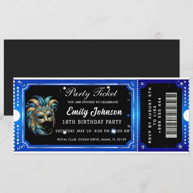 Convites  blue party ticket invitations  (Frente/Verso)
