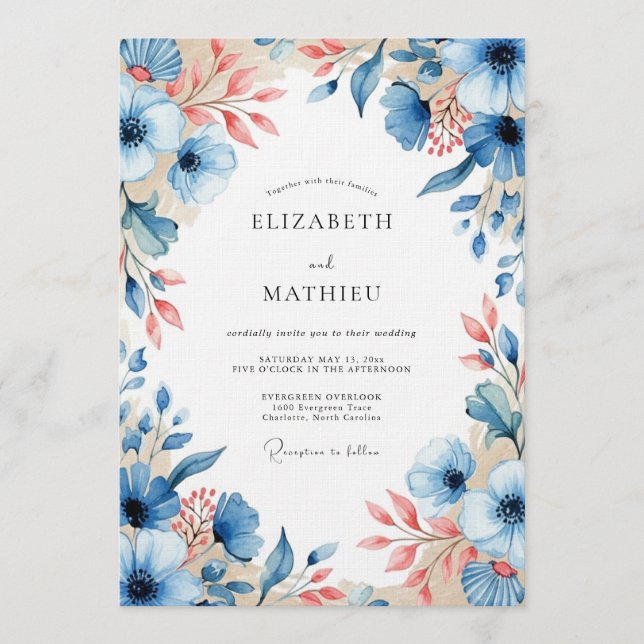 Convites Blue Peach Floral Bloom Wedding (Frente)