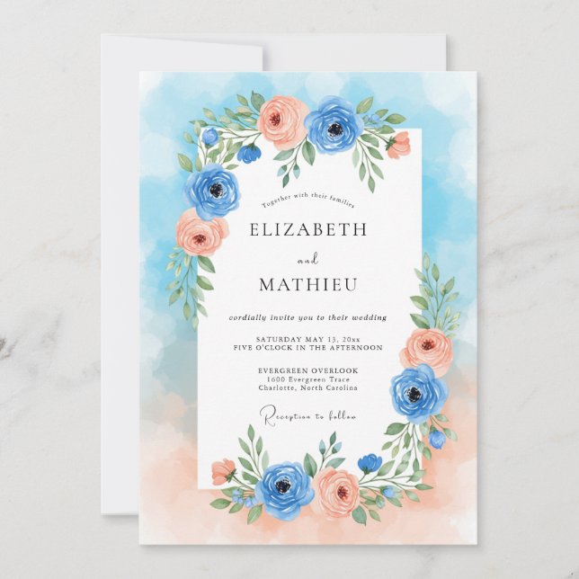 Convites Blue Peach Floral Romance Wedding (Frente)