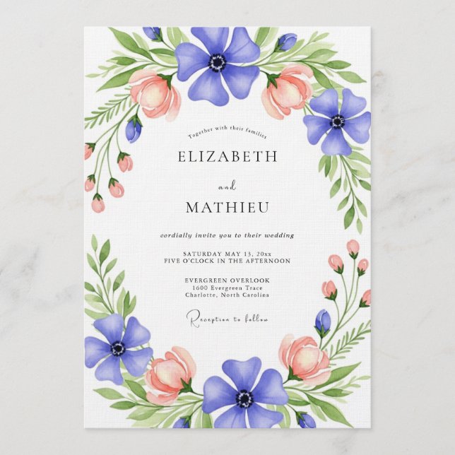 Convites Blue & Peach Floral Whimsy Wedding (Frente)
