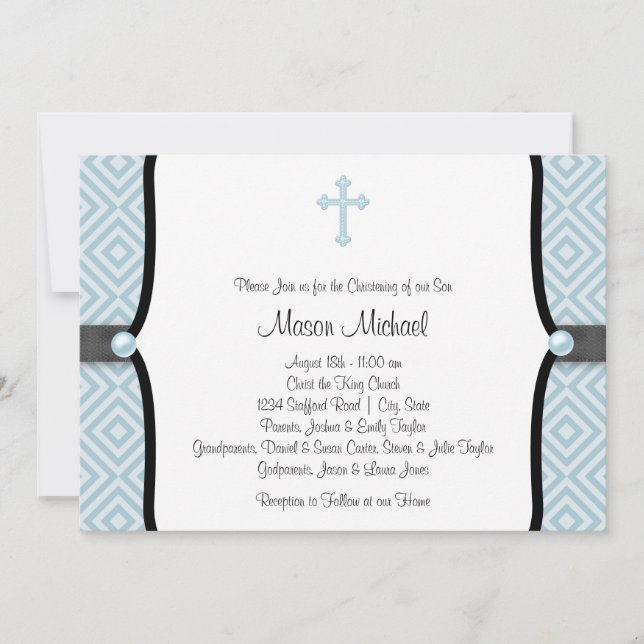 Convites Blue Pearl Cross Black Blue Christening (Frente)