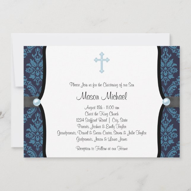 Convites Blue Pearl Cross Blue Black Damask Christening (Frente)