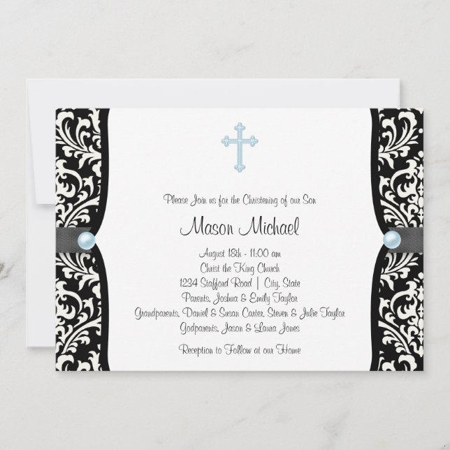 Convites Blue Pearl Cross Blue Black Damask Christening (Frente)