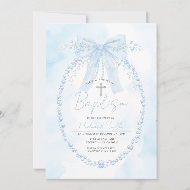 Convites Blue Pearl Frame Baptism Christening Invitation (Frente)