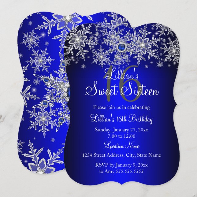 Convites Blue Pearl Silver Snowflake Sweet 16 (Frente/Verso)